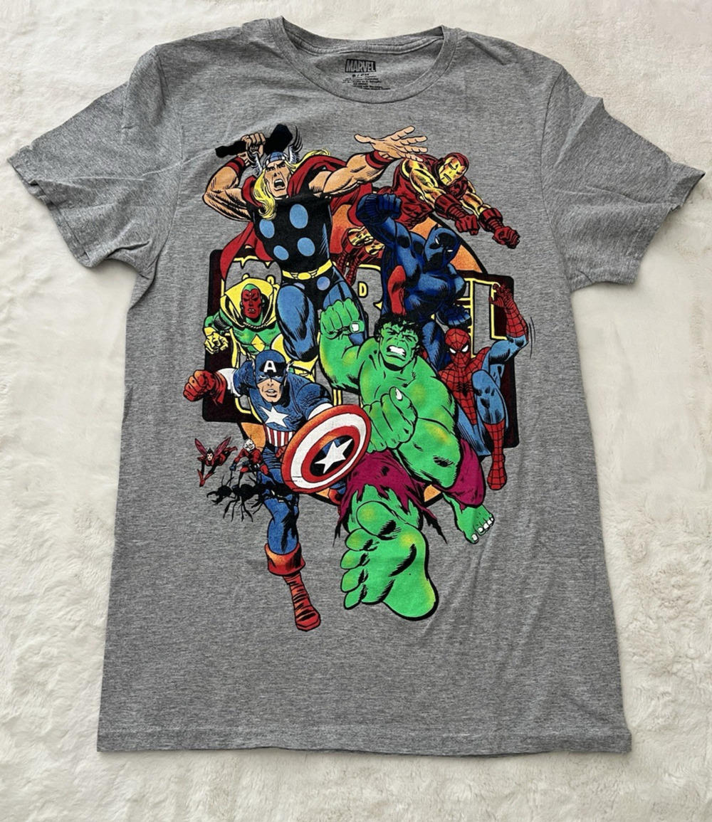 Marvel Avengers Graphic T Shirt Men Gray Hulk Thor Spider Man Tee Size S